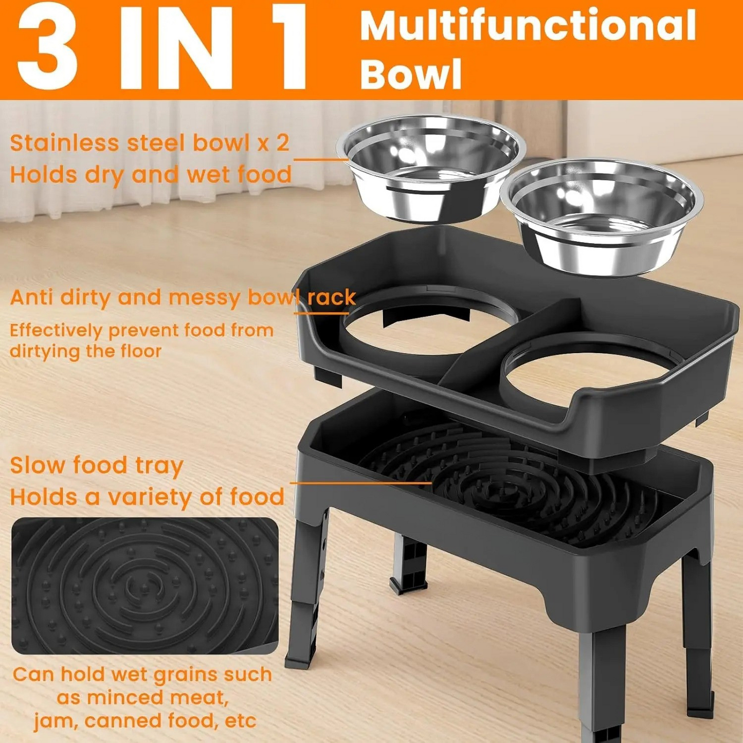 3‑in‑1 Elevated Slow Feeder Dog Bowl – Mess‑Proof – Stainless Steel – 1.6 L – Medium & Large Dogs