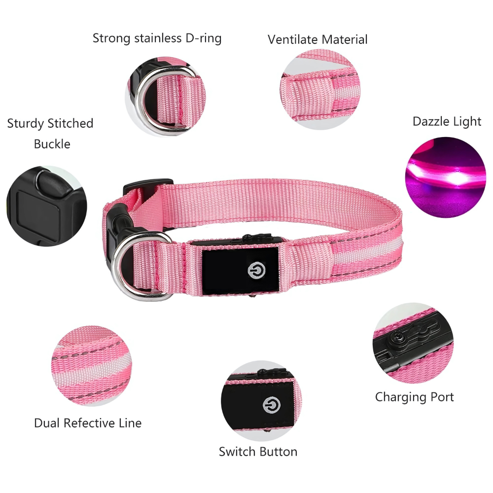 Rechargeable LED Dog Collar – Reflective Night Safety Visibility – Waterproof Nylon – USB Light‑Up Adjustable (S–L) – Small to Large Dogs