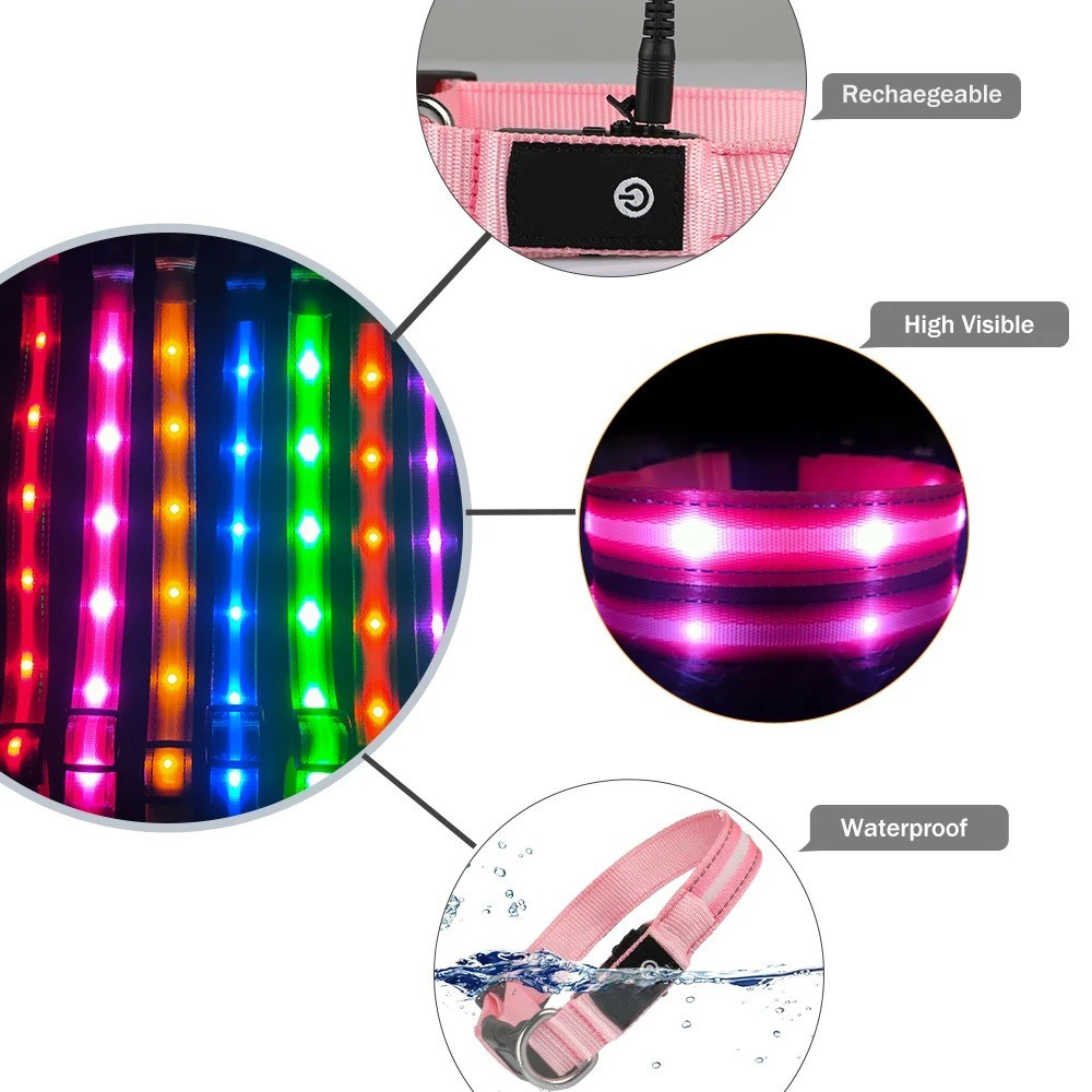 Rechargeable LED Dog Collar – Reflective Night Safety Visibility – Waterproof Nylon – USB Light‑Up Adjustable (S–L) – Small to Large Dogs