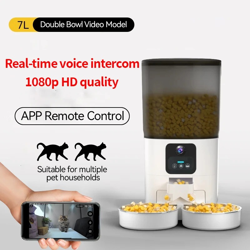 Dual‑Bowl Smart Automatic Cat Feeder – WiFi Scheduling & Timer – Rechargeable Plastic – 7 L – Cats