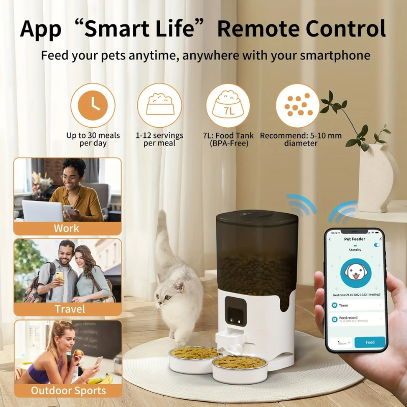 Dual‑Bowl Smart Automatic Cat Feeder – WiFi Scheduling & Timer – Rechargeable Plastic – 7 L – Cats