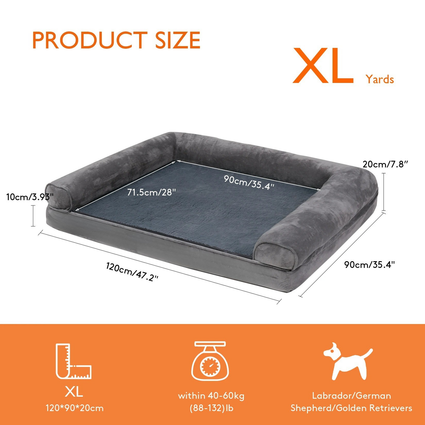Orthopedic Dog Bed – Pressure-Relief Comfort – Removable Washable Cover – Extra Large (47.2×35.4×7.8″) – Dogs 88–132 lbs
