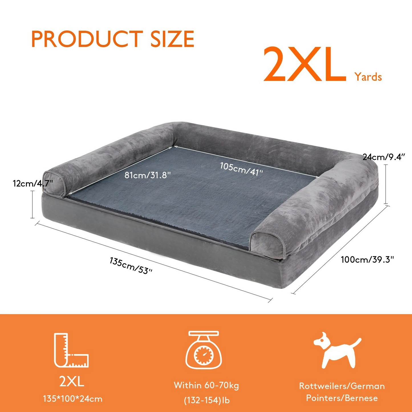 Orthopedic Dog Bed – Pressure-Relief Comfort – Removable Washable Cover – Extra Large (47.2×35.4×7.8″) – Dogs 88–132 lbs