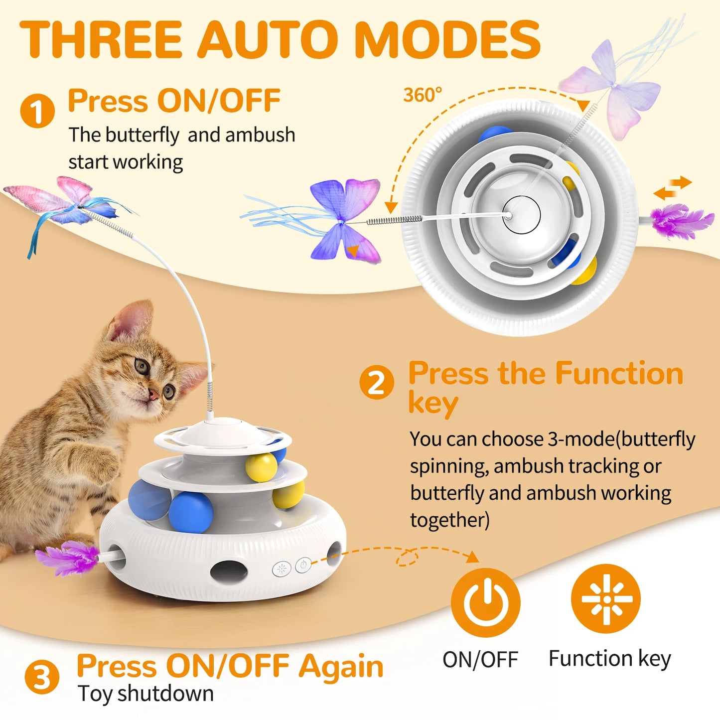Rechargeable Interactive Cat Puzzle Toy – Automatic USB Feather Teaser & Rolling Balls – 1200 mAh Silent Motor – Indoor Cats