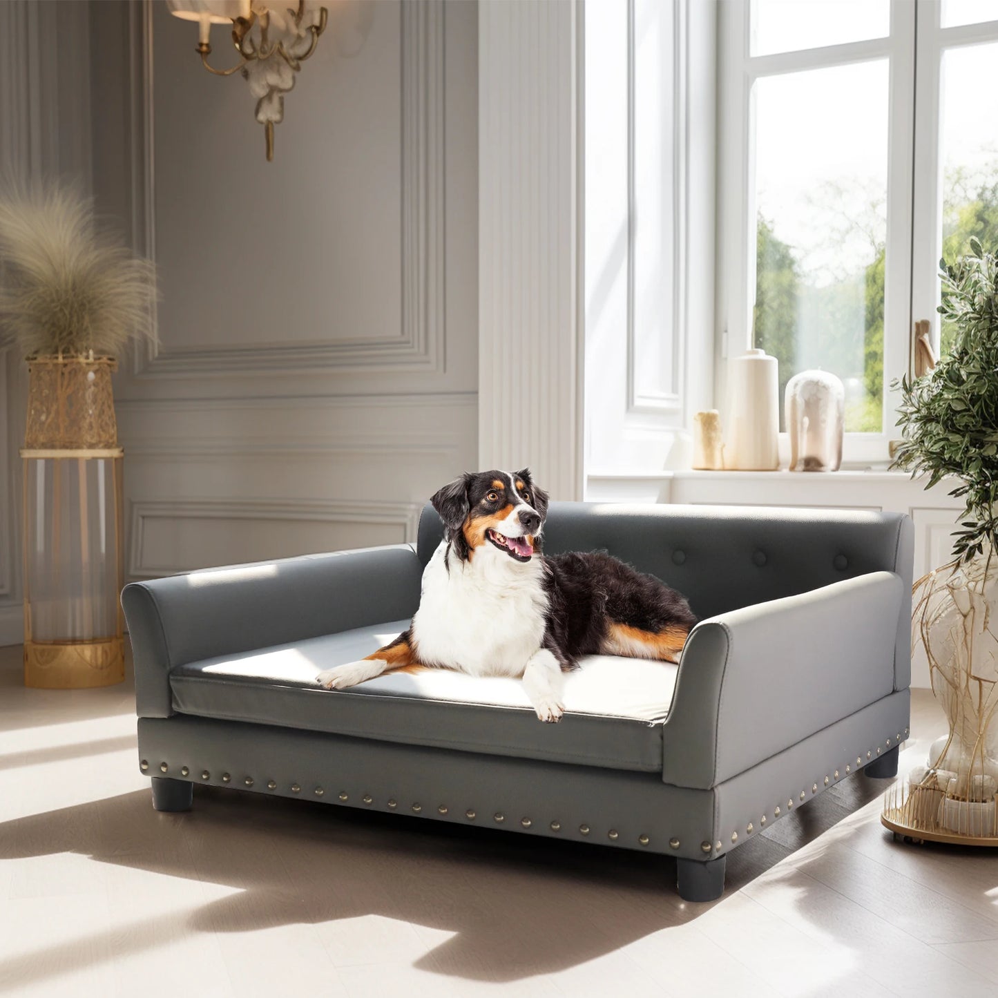 Pet Sofa Lounge Chair – Luxurious Elevated Comfort – Microfiber Leather & Eucalyptus Wood – Large/Extra Large – Dogs