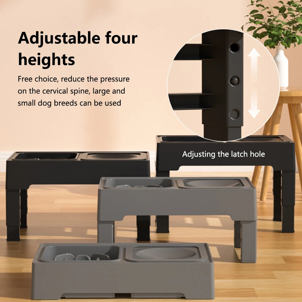 Elevated Dog Slow Feeder – 4-Height Adjustable Wood Stand – Stainless Steel & Splash-Proof Bowls – For Small & Medium Dogs