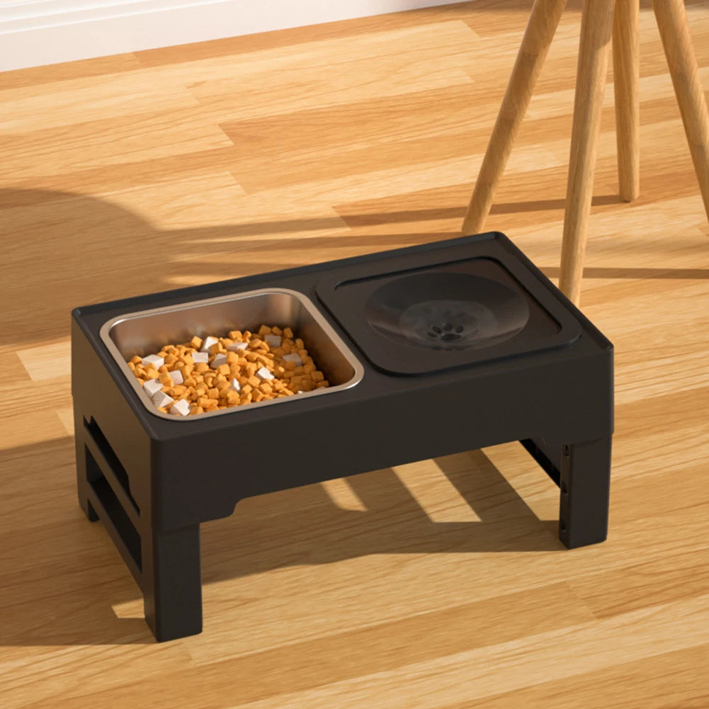 Elevated Dog Slow Feeder – 4-Height Adjustable Wood Stand – Stainless Steel & Splash-Proof Bowls – For Small & Medium Dogs