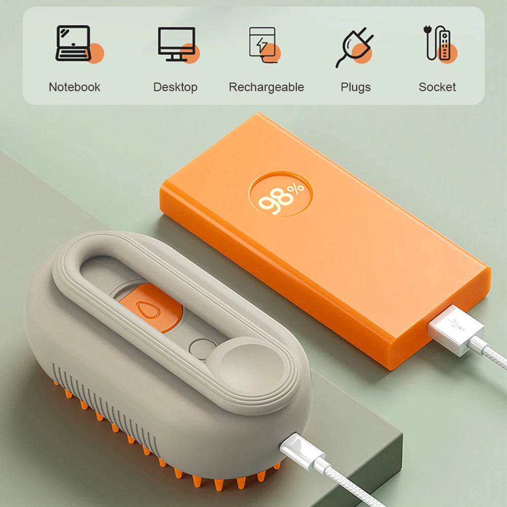 USB Rechargeable Steam Pet Grooming Comb – 3‑in‑1 Hair Removal & Massage – Silicone Bristles – 20 mL Essence Tank – Cats & Dogs