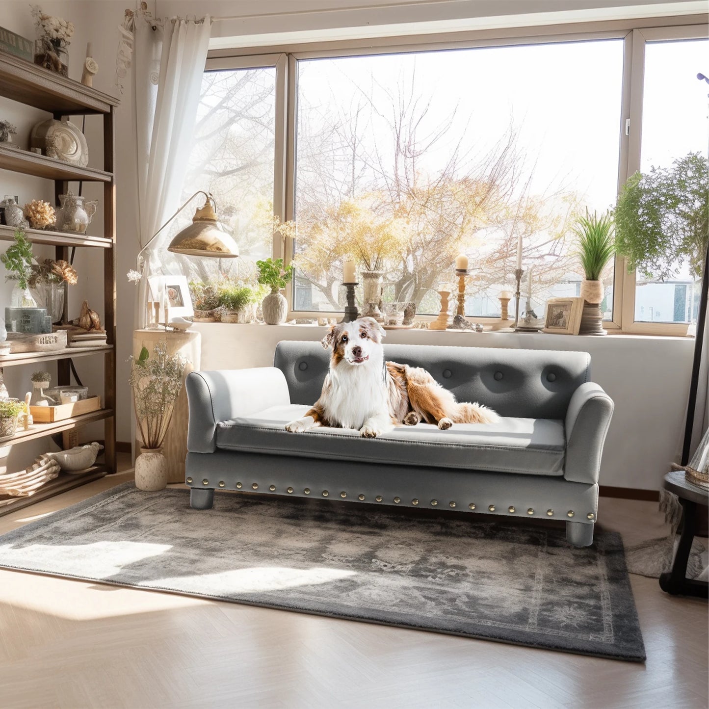 Pet Sofa Lounge Chair – Luxurious Elevated Comfort – Microfiber Leather & Eucalyptus Wood – Large/Extra Large – Dogs