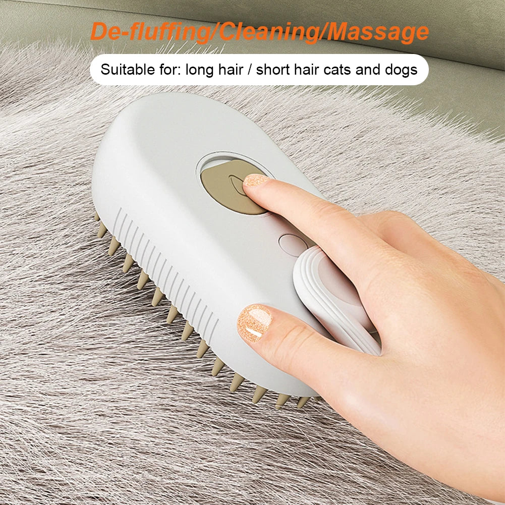 USB Rechargeable Steam Pet Grooming Comb – 3‑in‑1 Hair Removal & Massage – Silicone Bristles – 20 mL Essence Tank – Cats & Dogs