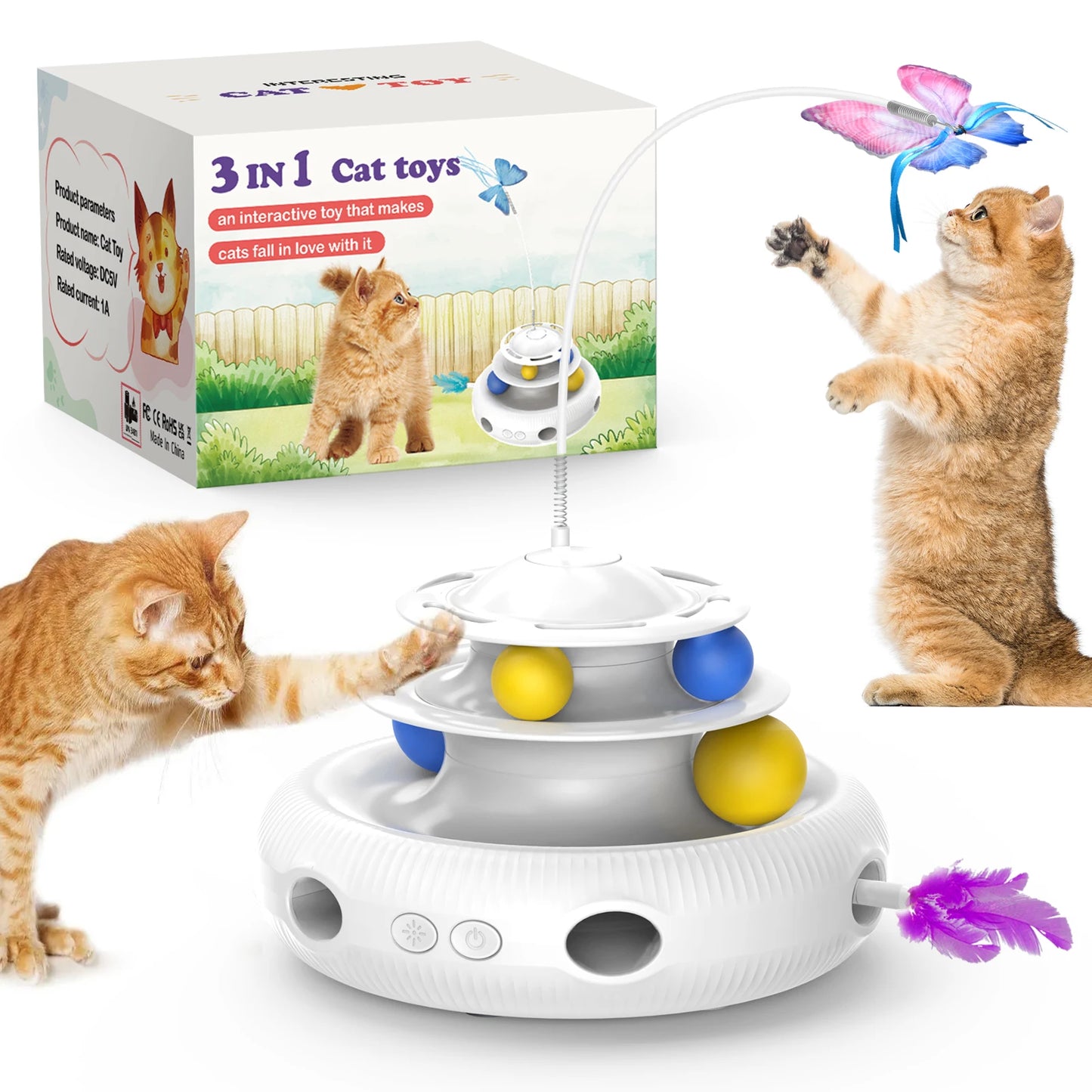 Rechargeable Interactive Cat Puzzle Toy – Automatic USB Feather Teaser & Rolling Balls – 1200 mAh Silent Motor – Indoor Cats