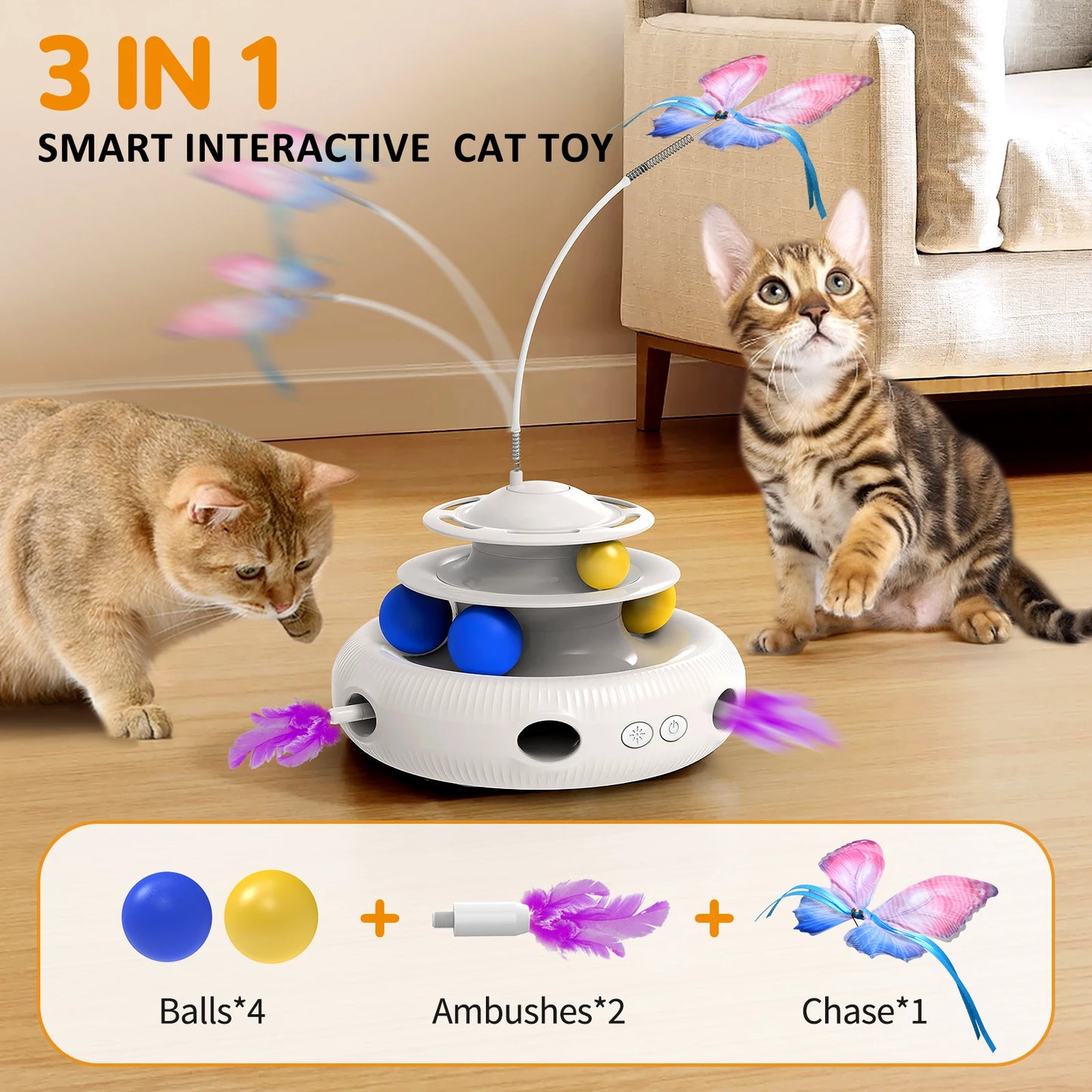 Rechargeable Interactive Cat Puzzle Toy – Automatic USB Feather Teaser & Rolling Balls – 1200 mAh Silent Motor – Indoor Cats