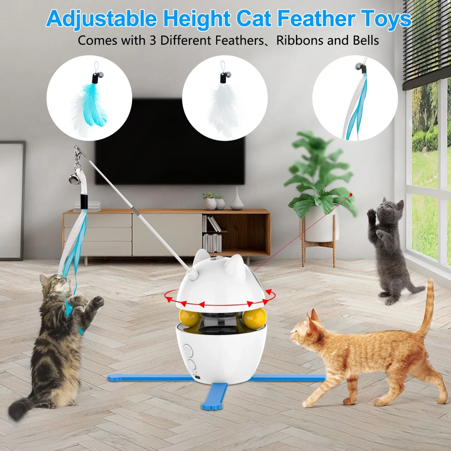 Electric Interactive Cat Toy – 4‑in‑1 Laser, Feather & Ball Play – USB Rechargeable ABS Plastic – 9.8×10×14 cm – Indoor Cats