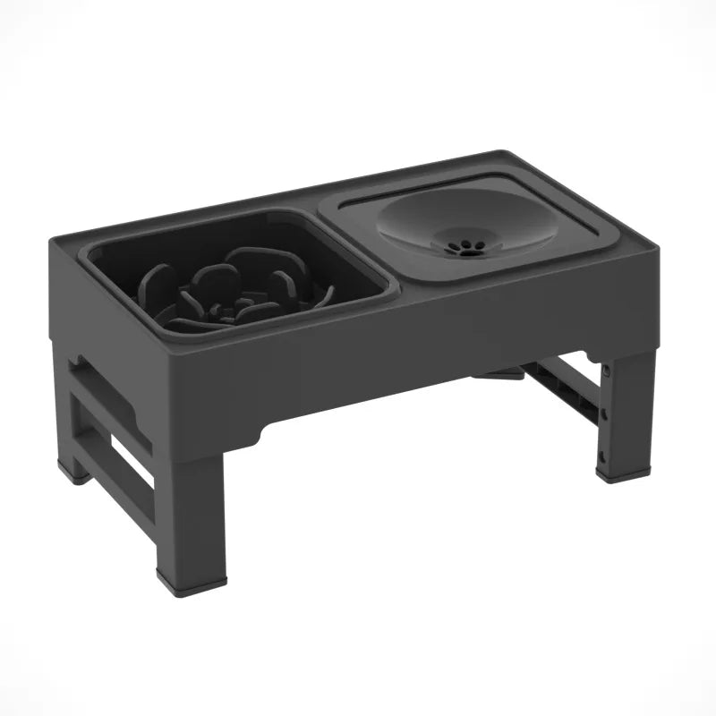 Elevated Dog Slow Feeder – 4-Height Adjustable Wood Stand – Stainless Steel & Splash-Proof Bowls – For Small & Medium Dogs