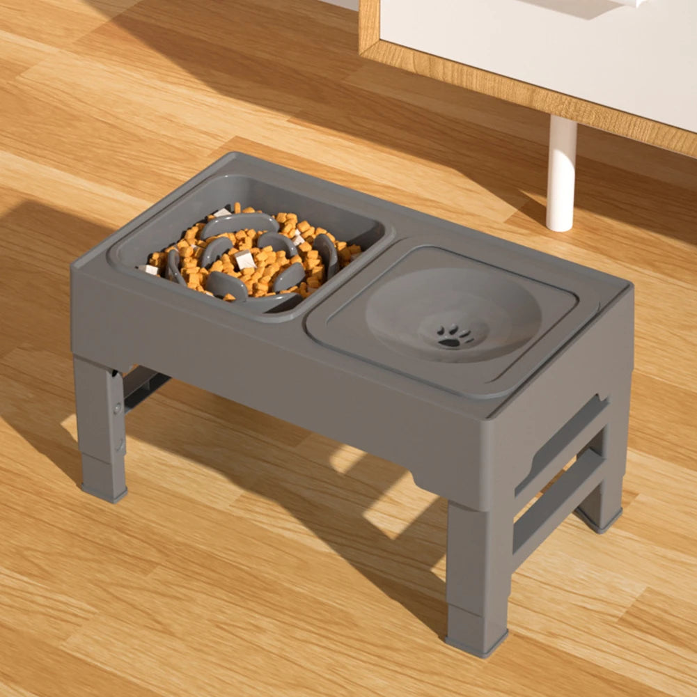 Elevated Dog Slow Feeder – 4-Height Adjustable Wood Stand – Stainless Steel & Splash-Proof Bowls – For Small & Medium Dogs