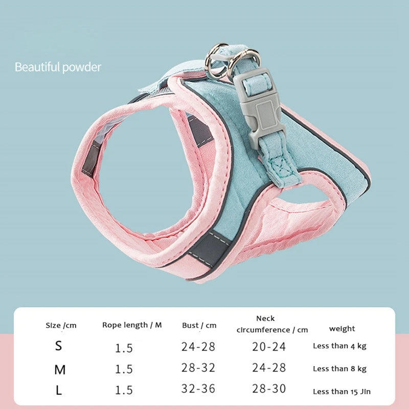 Pet Harness Leash Set – Breathable No‑Pull Reflective Safety – Soft Suede Fabric – S–3XL – Cats & Small Dogs