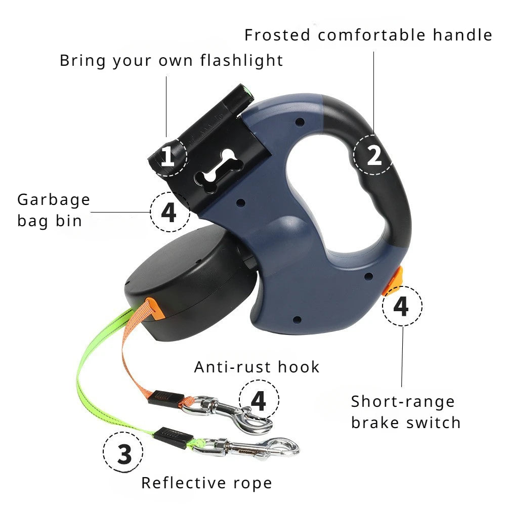 Retractable Double Dog Leash – Two‑Dog Hands‑Free Walking – ABS Self‑Retracting – 10 ft Lead – Dogs