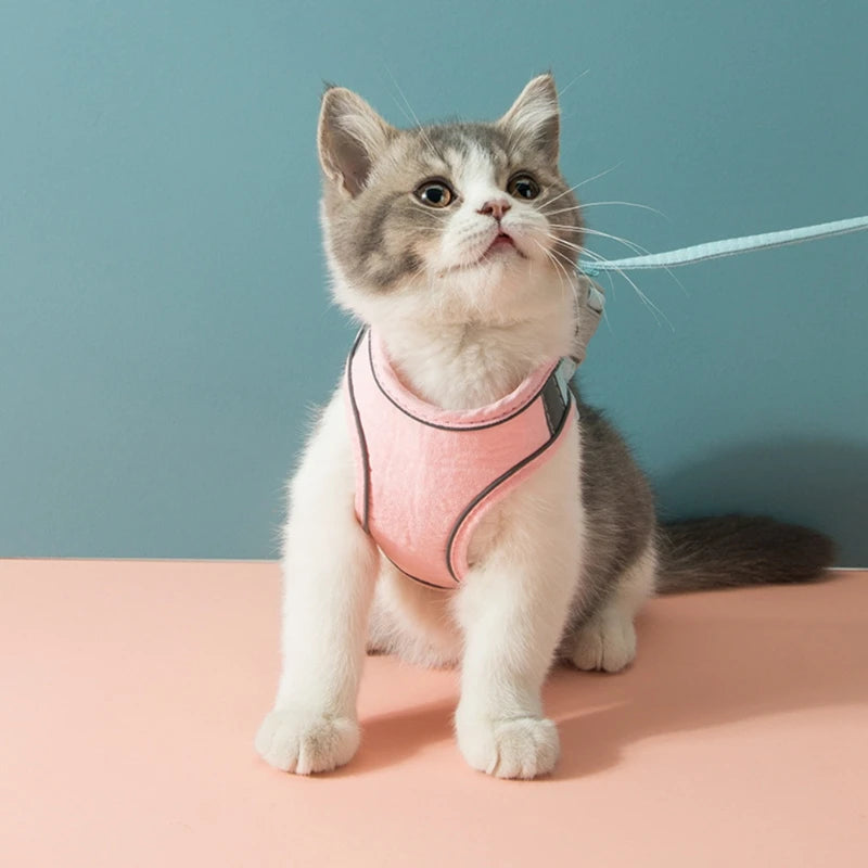 Pet Harness Leash Set – Breathable No‑Pull Reflective Safety – Soft Suede Fabric – S–3XL – Cats & Small Dogs