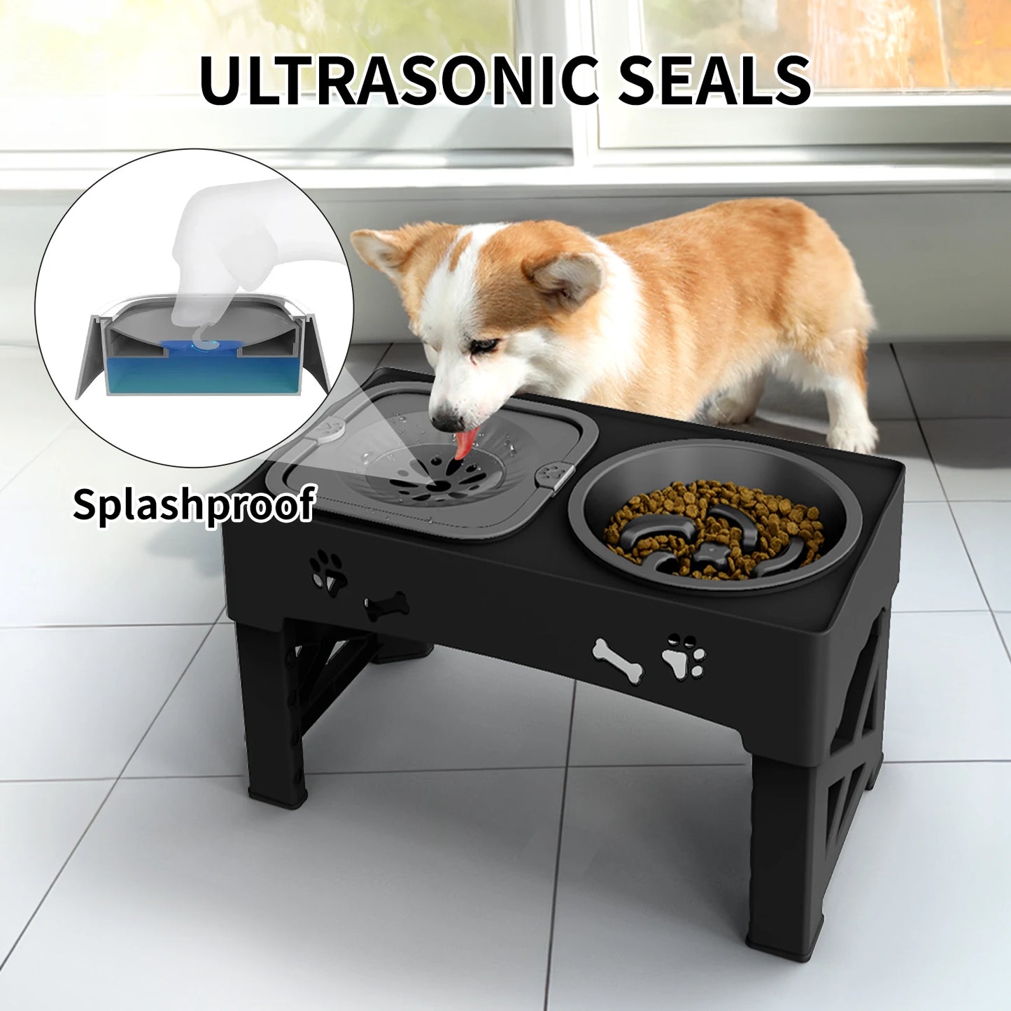 3-in-1 Pet Feeder – Slow Feed & Water Bowl Set – Adjustable 5-Height Foldable ABS Base – 16.9″ – For Cats & Dogs