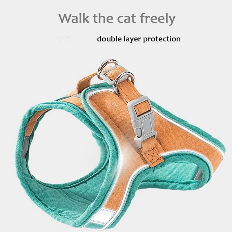 Pet Harness Leash Set – Breathable No‑Pull Reflective Safety – Soft Suede Fabric – S–3XL – Cats & Small Dogs