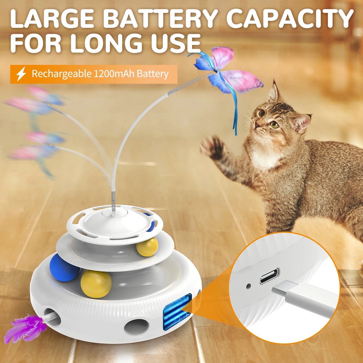 Rechargeable Interactive Cat Puzzle Toy – Automatic USB Feather Teaser & Rolling Balls – 1200 mAh Silent Motor – Indoor Cats