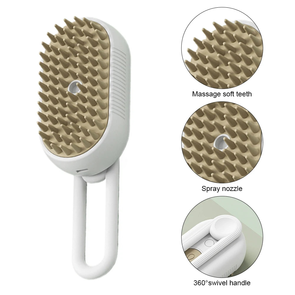 USB Rechargeable Steam Pet Grooming Comb – 3‑in‑1 Hair Removal & Massage – Silicone Bristles – 20 mL Essence Tank – Cats & Dogs