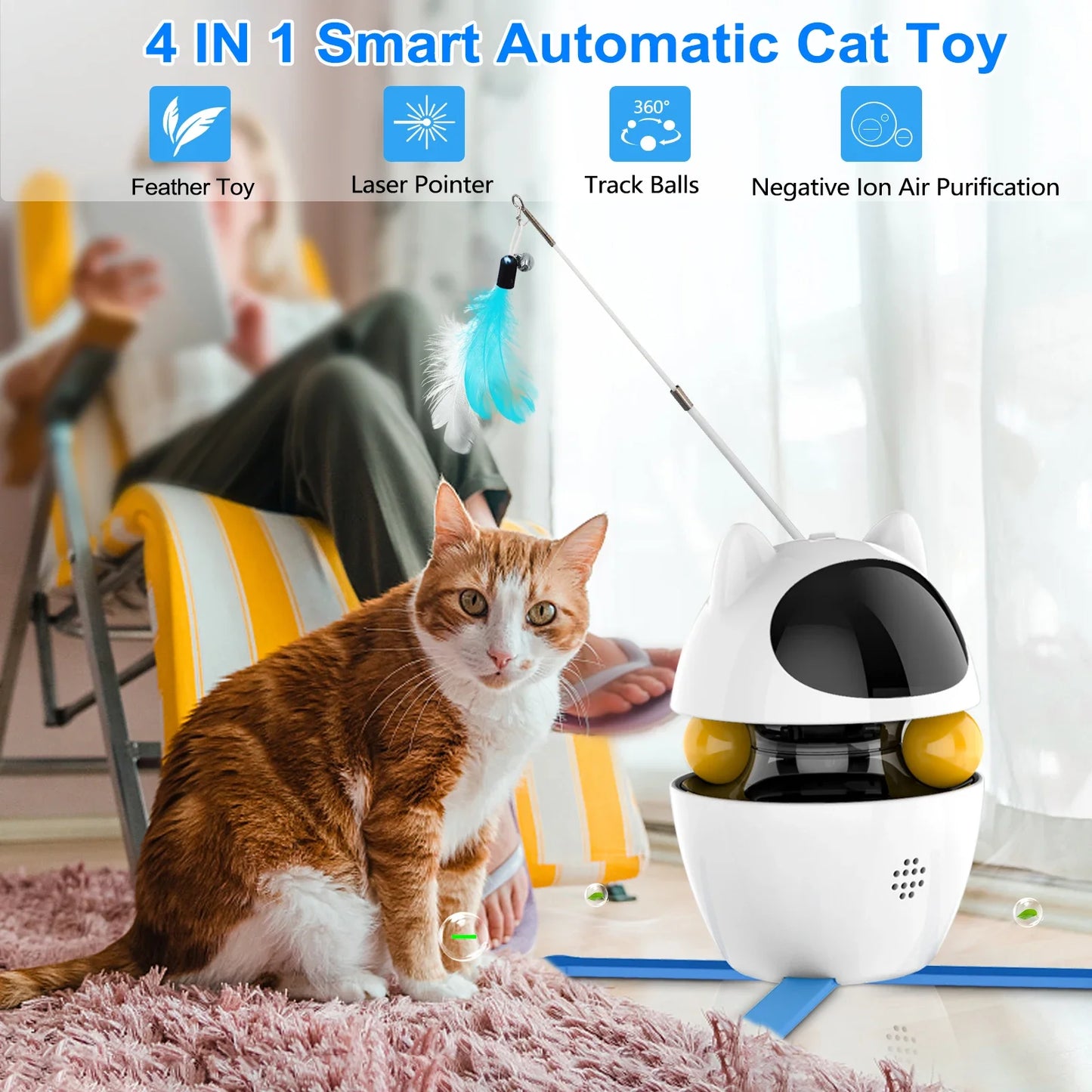 Electric Interactive Cat Toy – 4‑in‑1 Laser, Feather & Ball Play – USB Rechargeable ABS Plastic – 9.8×10×14 cm – Indoor Cats