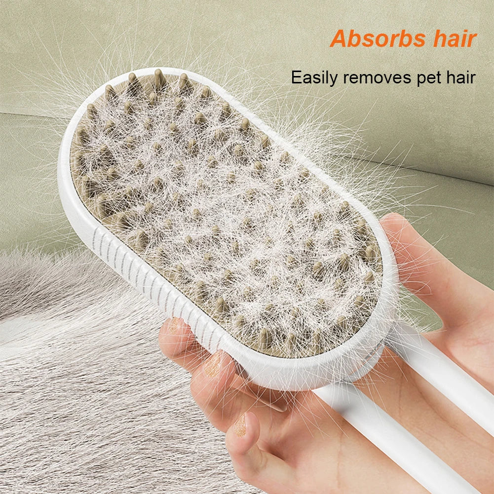 USB Rechargeable Steam Pet Grooming Comb – 3‑in‑1 Hair Removal & Massage – Silicone Bristles – 20 mL Essence Tank – Cats & Dogs