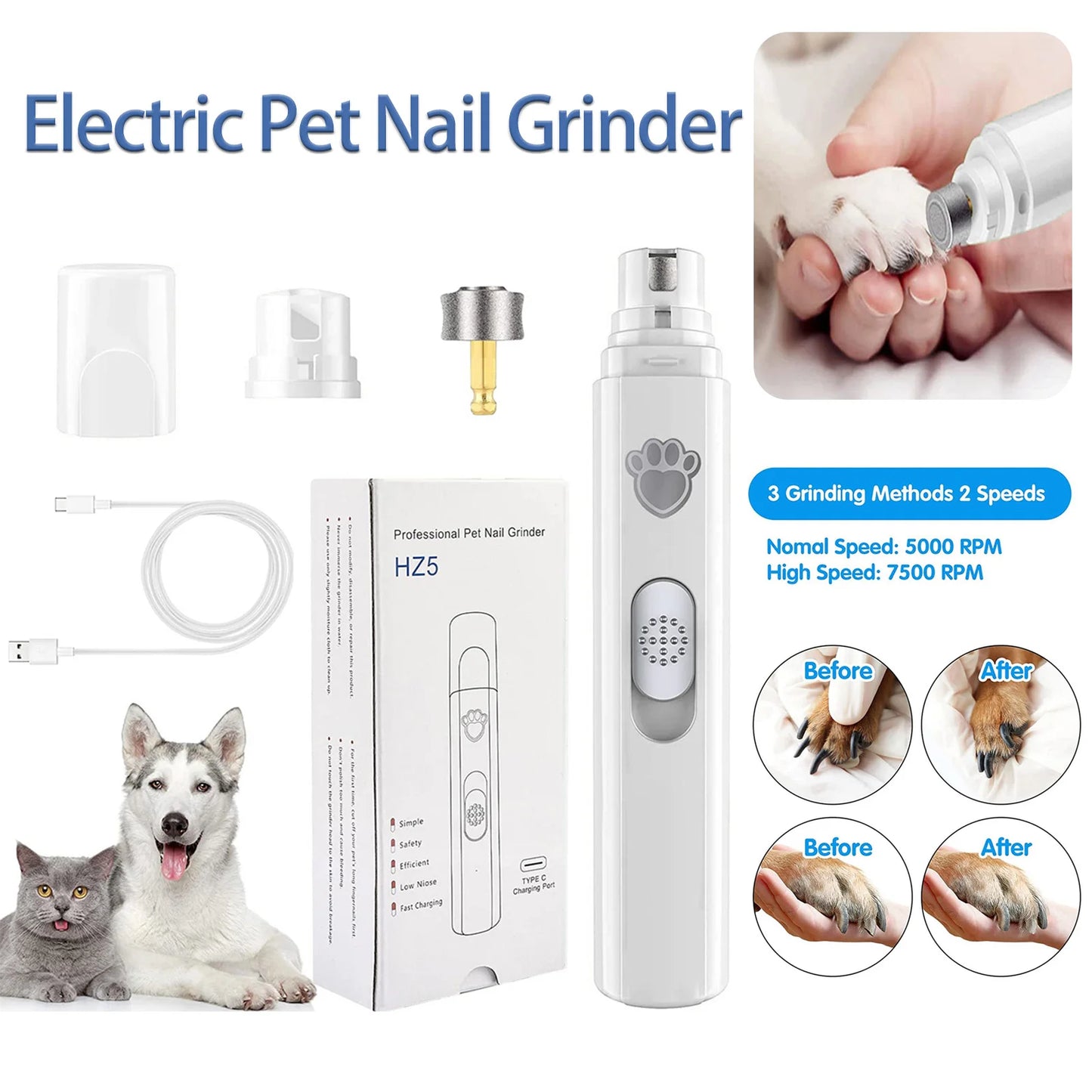 Electric Pet Nail Grinder - Painless Low‑Vibration Trimming - Diamond Polisher Wheel - 500 mAh USB Rechargeable - Cats & Dogs