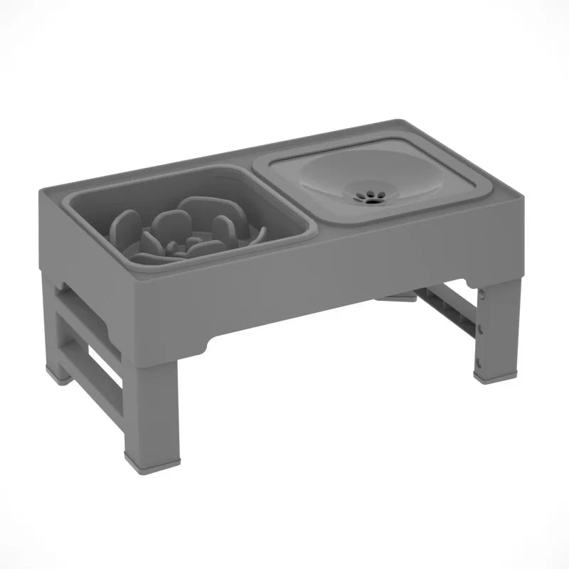 Elevated Dog Slow Feeder – 4-Height Adjustable Wood Stand – Stainless Steel & Splash-Proof Bowls – For Small & Medium Dogs