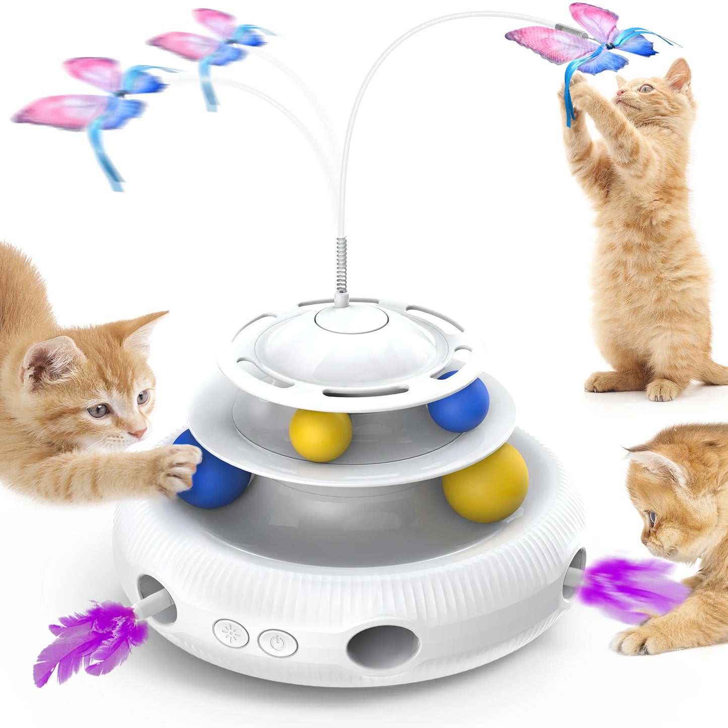 Rechargeable Interactive Cat Puzzle Toy – Automatic USB Feather Teaser & Rolling Balls – 1200 mAh Silent Motor – Indoor Cats