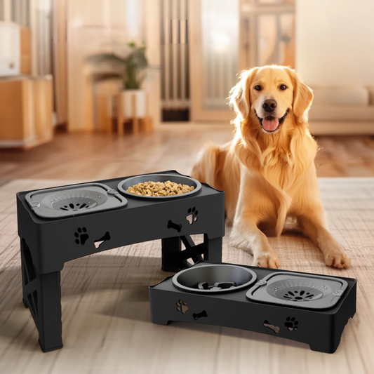 3-in-1 Pet Feeder – Slow Feed & Water Bowl Set – Adjustable 5-Height Foldable ABS Base – 16.9″ – For Cats & Dogs