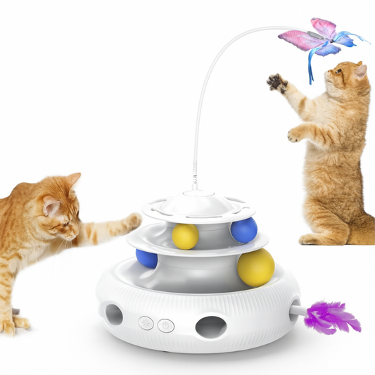 Rechargeable Interactive Cat Puzzle Toy – Automatic USB Feather Teaser & Rolling Balls – 1200 mAh Silent Motor – Indoor Cats