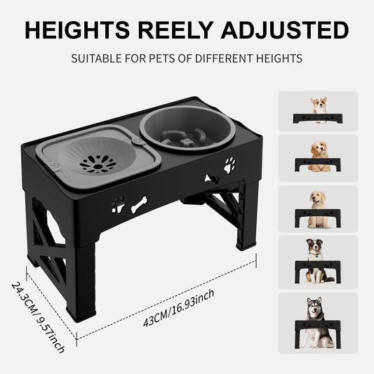 3-in-1 Pet Feeder – Slow Feed & Water Bowl Set – Adjustable 5-Height Foldable ABS Base – 16.9″ – For Cats & Dogs