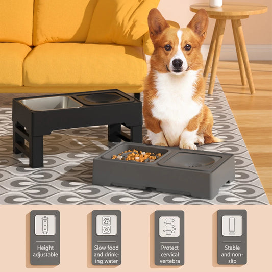 Elevated Dog Slow Feeder – 4-Height Adjustable Wood Stand – Stainless Steel & Splash-Proof Bowls – For Small & Medium Dogs