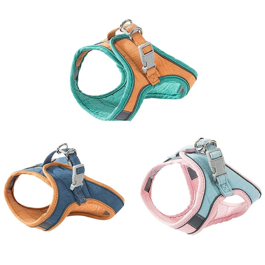 Pet Harness Leash Set – Breathable No‑Pull Reflective Safety – Soft Suede Fabric – S–3XL – Cats & Small Dogs