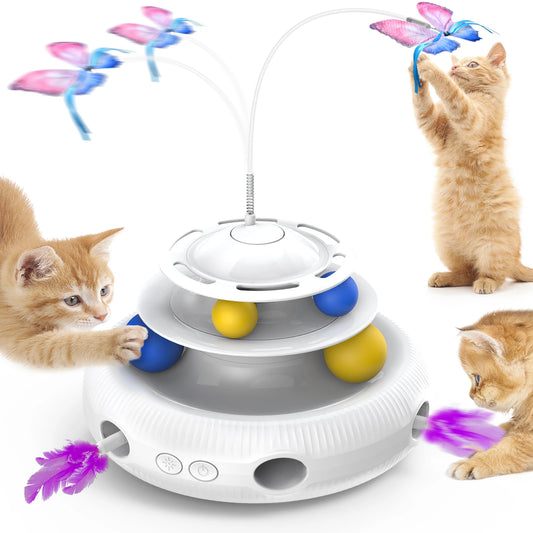 Rechargeable Interactive Cat Puzzle Toy – Automatic USB Feather Teaser & Rolling Balls – 1200 mAh Silent Motor – Indoor Cats